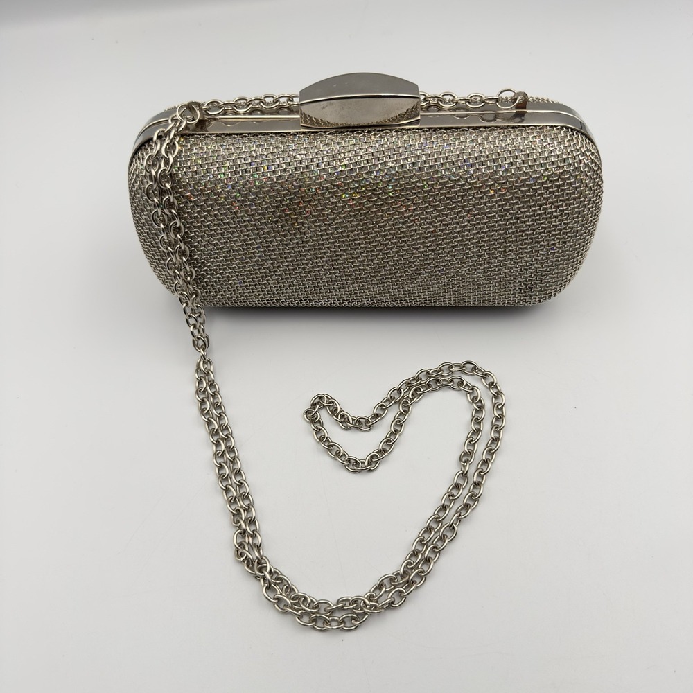 Expressions NYC Silver Sparkly Evening Bag/Clutch Y2K Style Removable Strap
